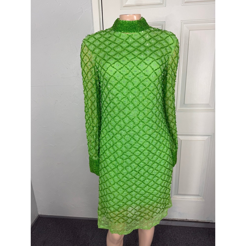 Vintage 60s Beaded Cocktail Dress Party Floral Party Long Sleeve Wiggle U3-7
